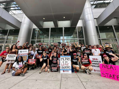 Members of the National Education Association Staff Organization participated in a picket line outside the Pennsylvania Convention Center from July 4 to July 7, 2024.