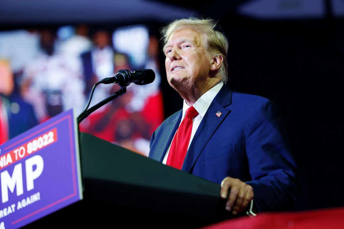 Former President Donald Trump speaks at a campaign rally at the Liacouras Center on June 22, 2024, in Philadelphia, Pennsylvania.