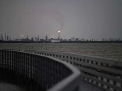 A flaring stack in Port Comfort can be seen from a nature boardwalk in Port Lavaca, Texas, on July 7, 2024.