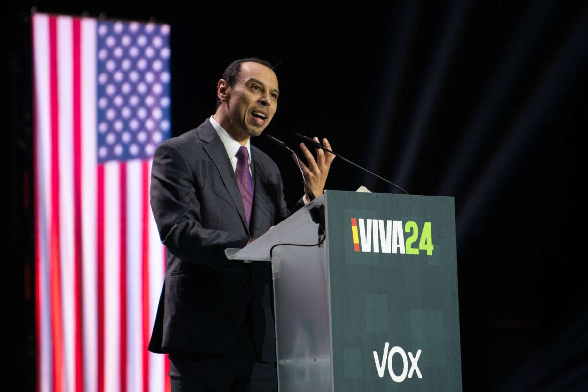 The vice president of the Heritage Foundation, Roger Severino, speaks during the "Europa Viva 24" conference organized by far right wing party Vox at Palacio de Vistalegre on May 19, 2024, in Madrid, Spain.