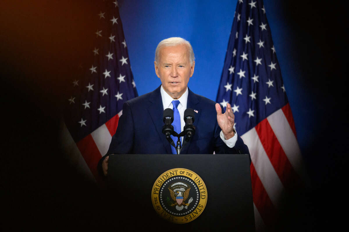 President Joe Biden speaks during a press conference at the close of the 75th NATO Summit at the Walter E. Washington Convention Center in Washington, D.C., on July 11, 2024.