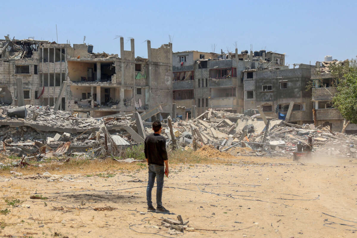 A Palestinian man inspects the destruction in the Tal Al-Hawa neighbourhood in southern Gaza City on June 5, 2024.