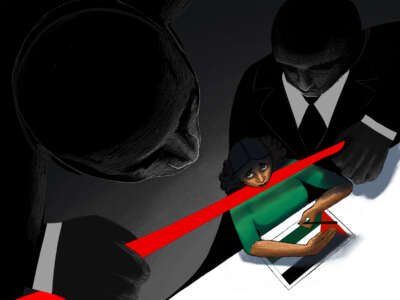 A digital illustration of a cartoonist drawing the Palestinian flag as she's loomed over by two large, shadowy figures in suits, both of them stretching red tape across the composition and holding it to her neck in a threatening manner.