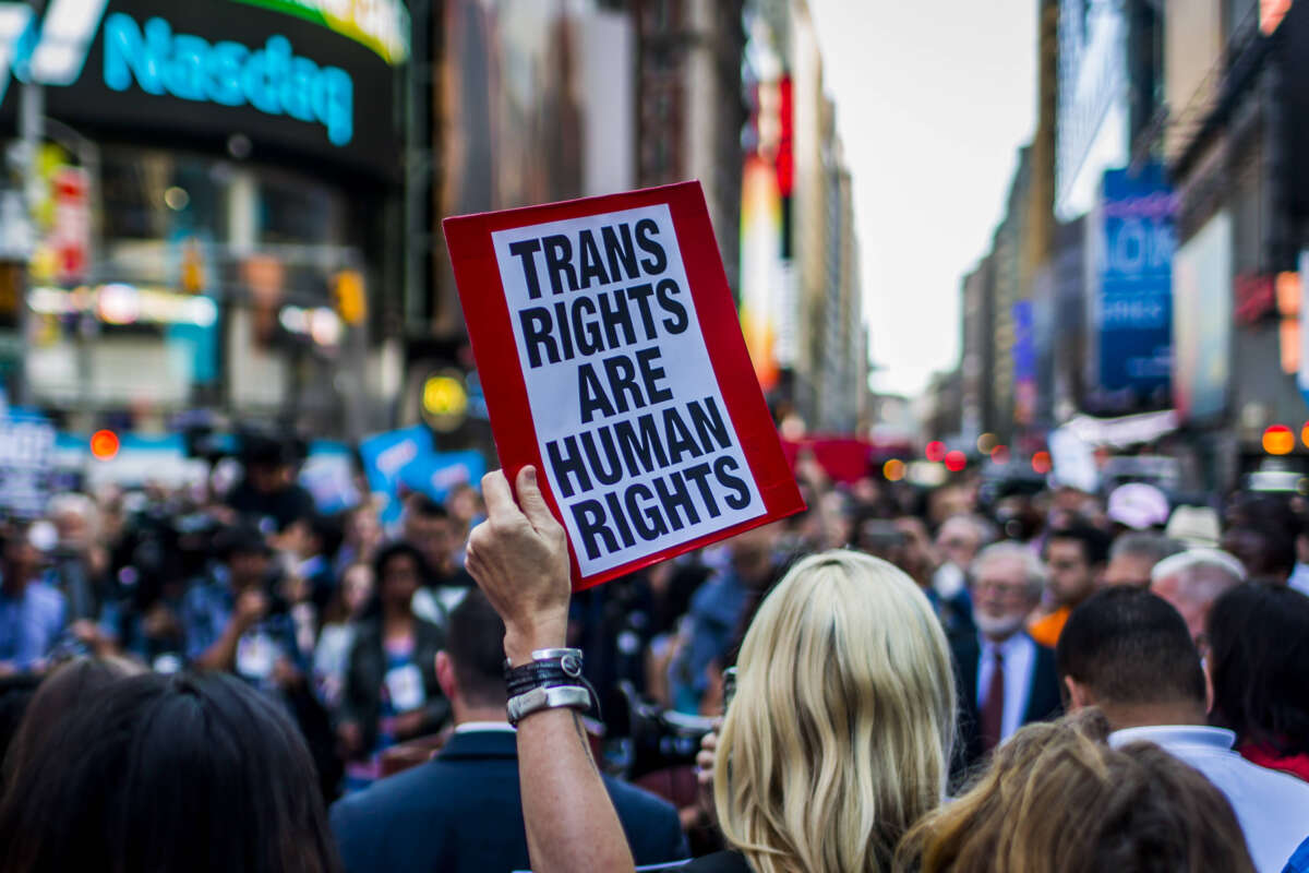 Thousands of New Yorkers take to the streets to protest a ban on transgender people serving in the military on July 26, 2017, in New York City.