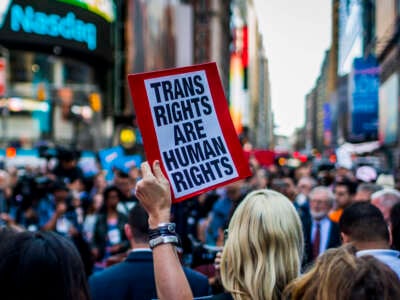 Thousands of New Yorkers take to the streets to protest a ban on transgender people serving in the military on July 26, 2017, in New York City.