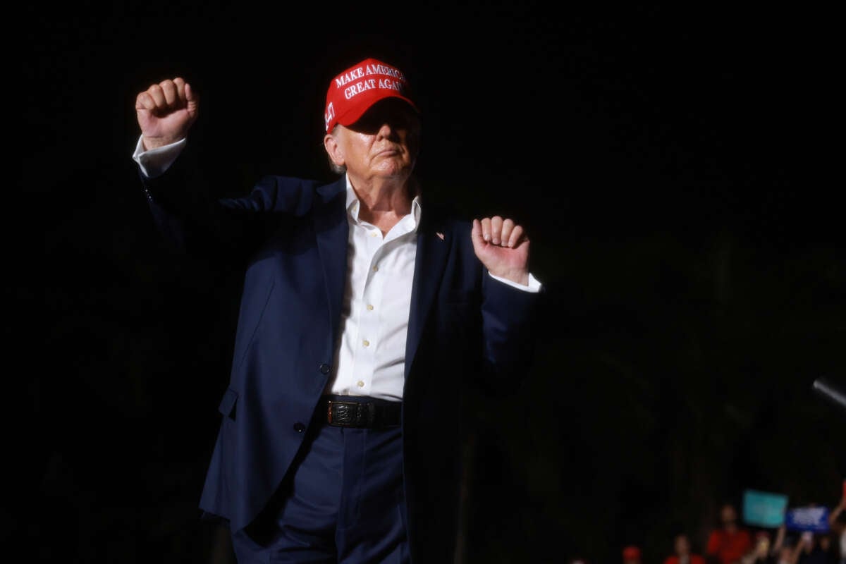 Former President Donald Trump leaves after speaking at a campaign rally at the Trump National Doral Golf Club on July 9, 2024, in Doral, Florida.