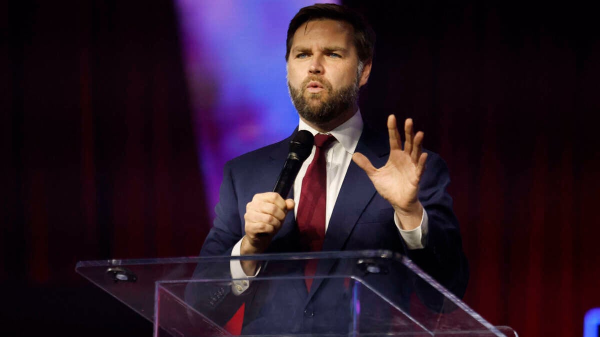 Sen, J.D. Vance addresses the conservative Turning Point People's Convention on June 16, 2024, at Huntington Place in Detroit, Michigan.