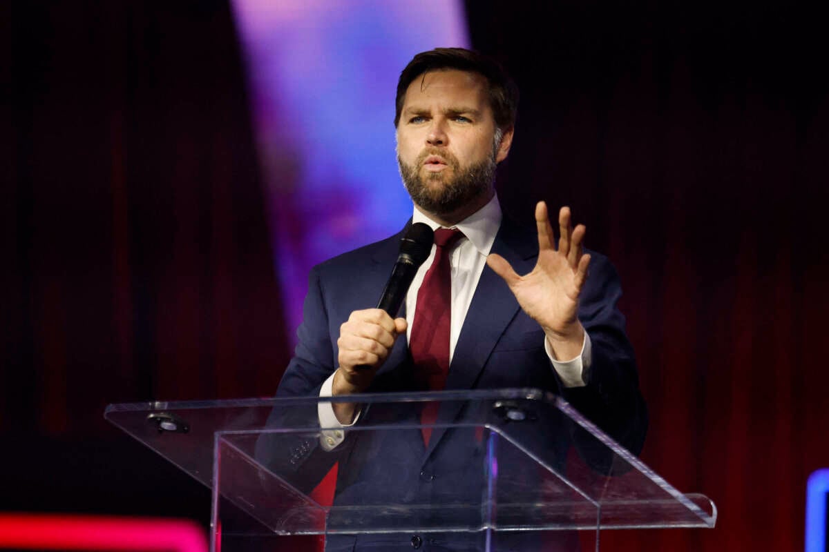 Sen, J.D. Vance addresses the conservative Turning Point People's Convention on June 16, 2024, at Huntington Place in Detroit, Michigan.