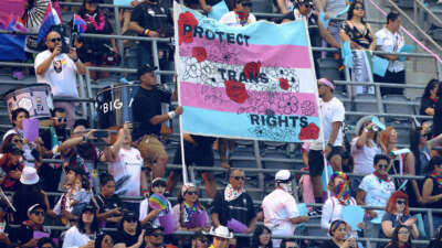 People in bleachers raise a banner reading "PROTECT TRANS RIGHTS" during a sporting event