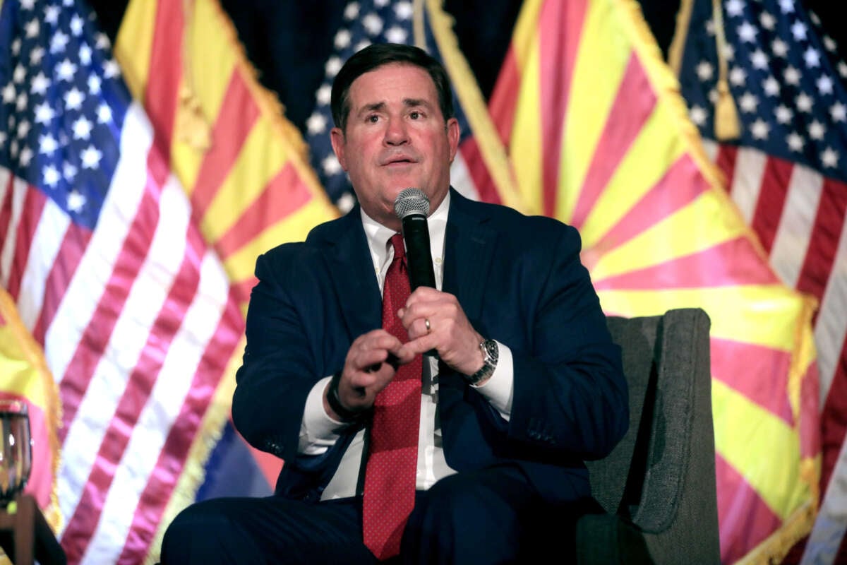 Arizona Gov. Doug Ducey speaks at an Arizona Chamber of Commerce & Industry event in Scottsdale, Arizona, on December 1, 2022.