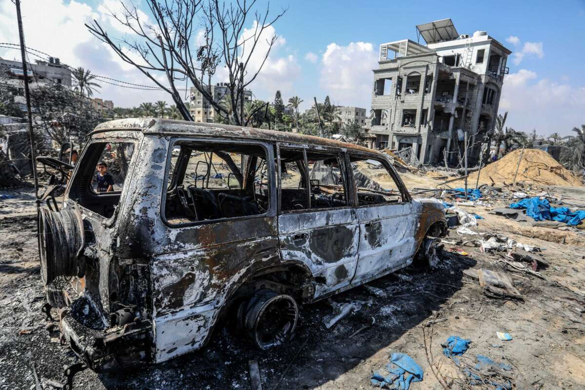 A view of a damaged vehicle at the site of the Israeli bombing of Al-Mawasi camp the day before, on July 14, 2024, in Khan Yunis.