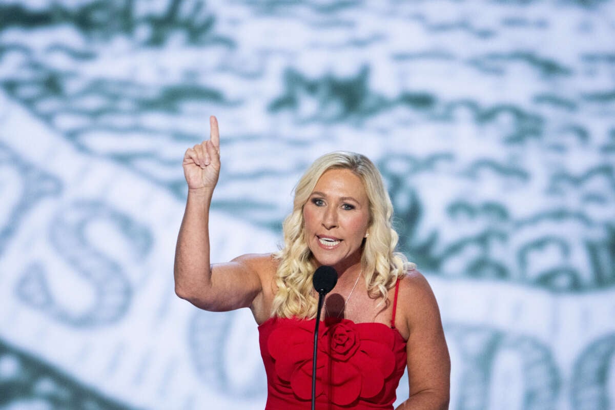 Rep. Marjorie Taylor Greene speaks at the Republican National Convention at the Fiserv Forum in Milwaukee, Wisconsin, on July 15, 2024.