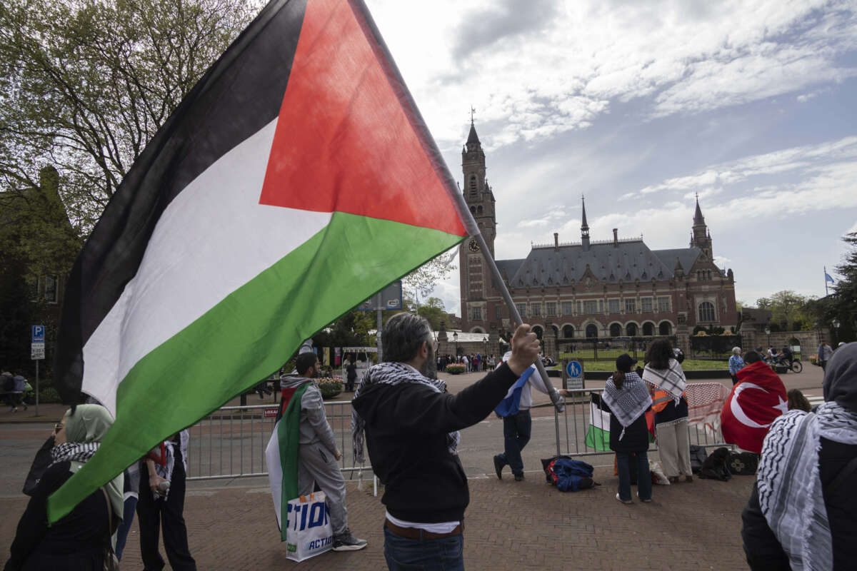 Demonstrators gather outside the Peace Palace, home of the International Court of Justice, to demand a ceasefire and show support for Palestine and Nicarague, in The Hague, Netherlands, on April 30, 2024.