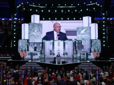President of the International Brotherhood of Teamsters Sean O’Brien speaks on stage on the first day of the Republican National Convention at the Fiserv Forum on July 15, 2024, in Milwaukee, Wisconsin.