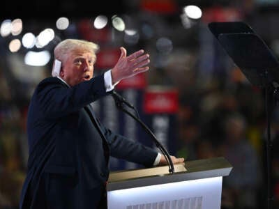 Former President Donald Trump speaks after officially accepting the Republican presidential nomination on stage on the fourth day of the Republican National Convention at the Fiserv Forum on July 18, 2024, in Milwaukee, Wisconsin.