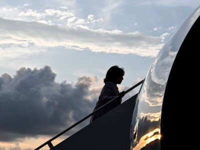 Vice President Kamala Harris boards Air Force Two at Lynden Pindling International Airport after attending the US-Caribbean Leaders Meeting in Nassau, Bahamas, on June 8, 2023.