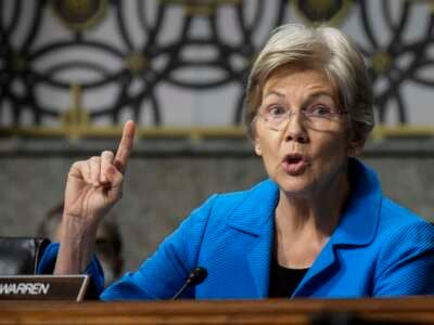 Sen. Elizabeth Warren questions former executives of failed banks during a Senate Banking Committee hearing on Capitol Hill May 16, 2023, in Washington, D.C.