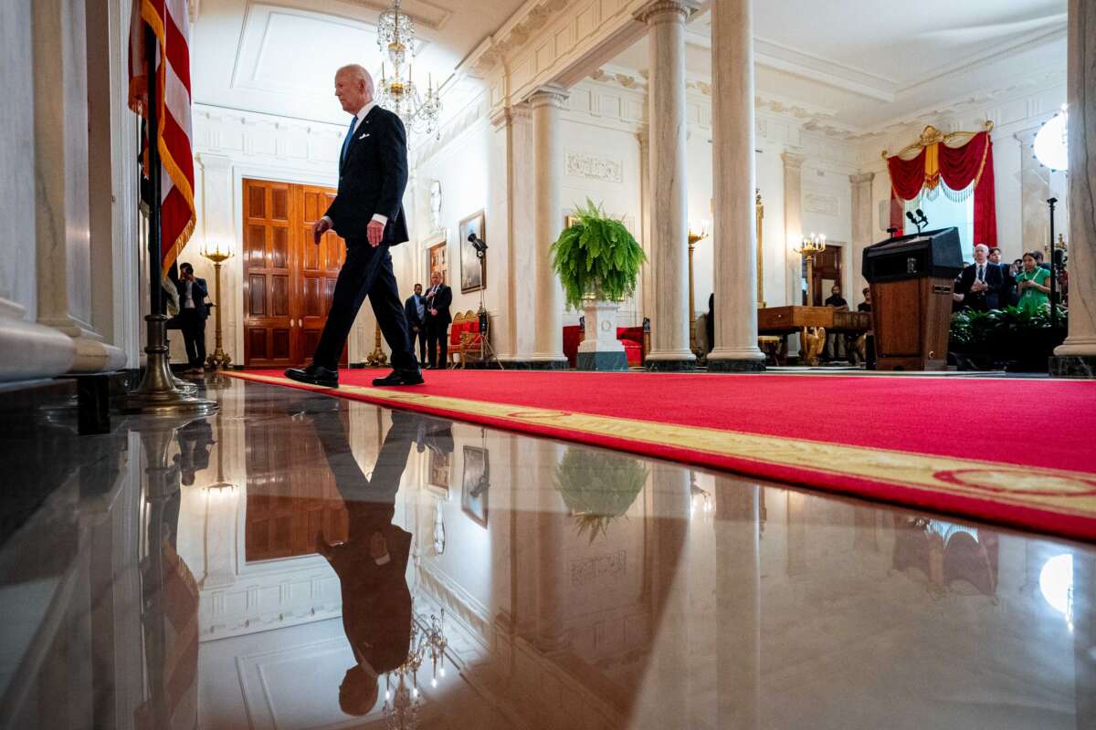 President Joe Biden departs after speaking to the media at the White House on July 1, 2024, in Washington, D.C.