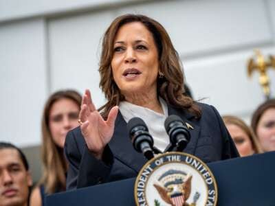 Vice President Kamala Harris speaks during an NCAA championship teams celebration on the South Lawn of the White House on July 22, 2024, in Washington, D.C.