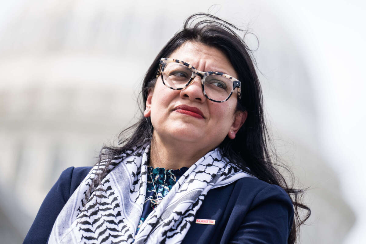 Rep. Rashida Tlaib attends a news conference outside the U.S. Capitol with George Washington University students who were protesting the war in Gaza, on May 8, 2024.