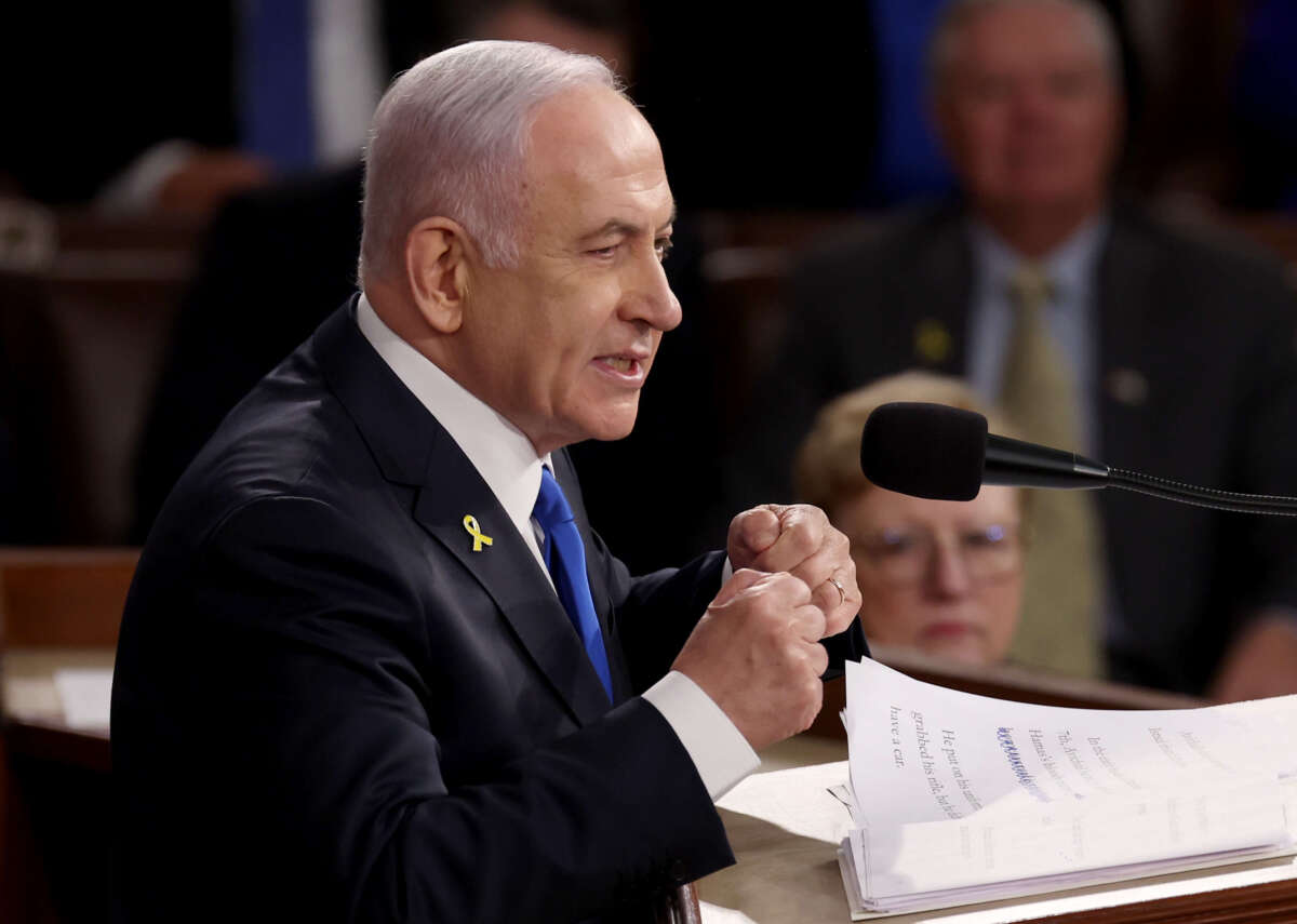 Israeli Prime Minister Benjamin Netanyahu addresses a joint meeting of Congress in the chamber of the House of Representatives at the U.S. Capitol on July 24, 2024, in Washington, D.C.