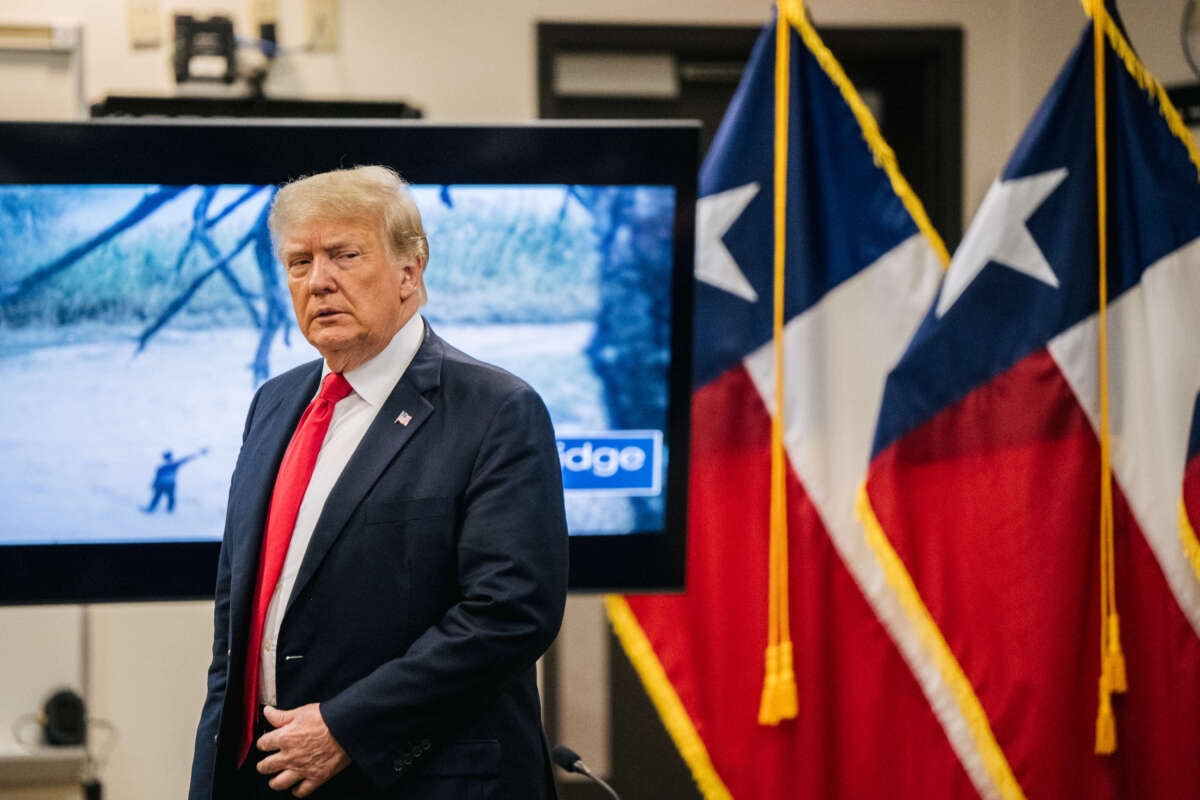 Former President Donald Trump arrives at a border security briefing to discuss further plans in securing the southern border wall on June 30, 2021, in Weslaco, Texas.