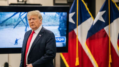 Former President Donald Trump arrives at a border security briefing to discuss further plans in securing the southern border wall on June 30, 2021, in Weslaco, Texas.