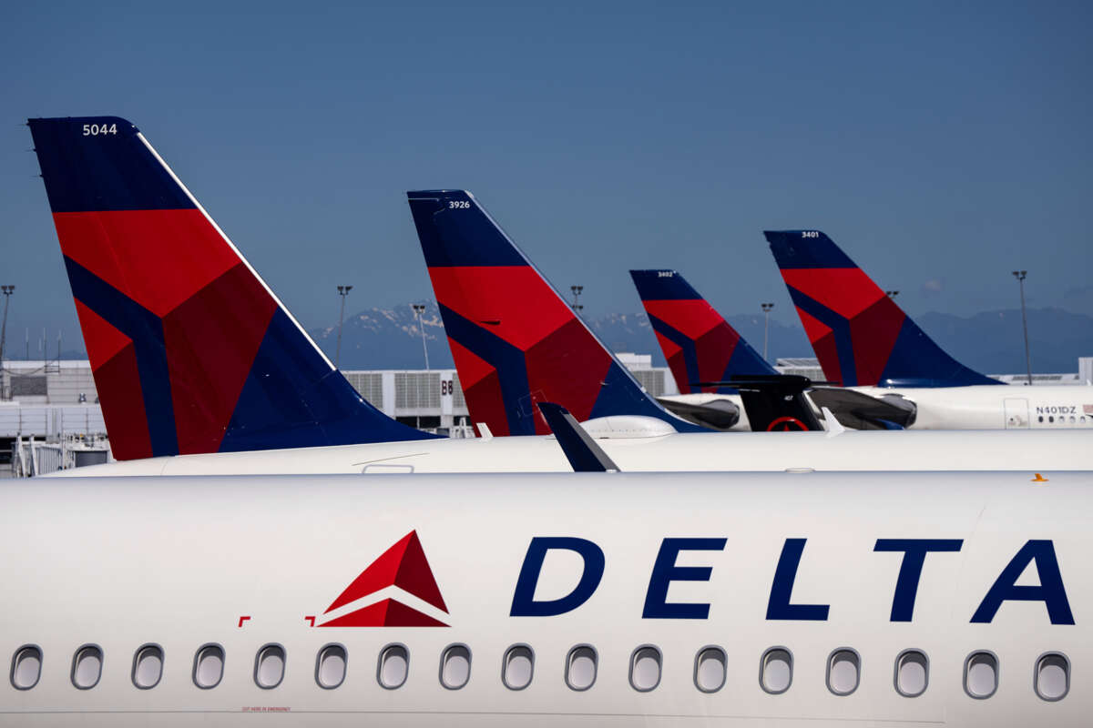Delta Airlines planes are seen parked at Seattle-Tacoma International Airport