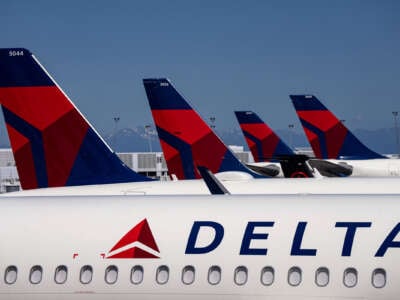 Delta Airlines planes are seen parked at Seattle-Tacoma International Airport