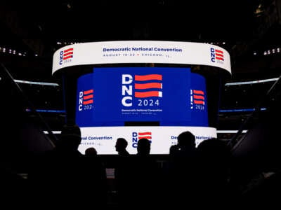 The convention logo is displayed while representatives for the Democratic National Convention hold a media walkthrough on January 18, 2024, at the United Center.