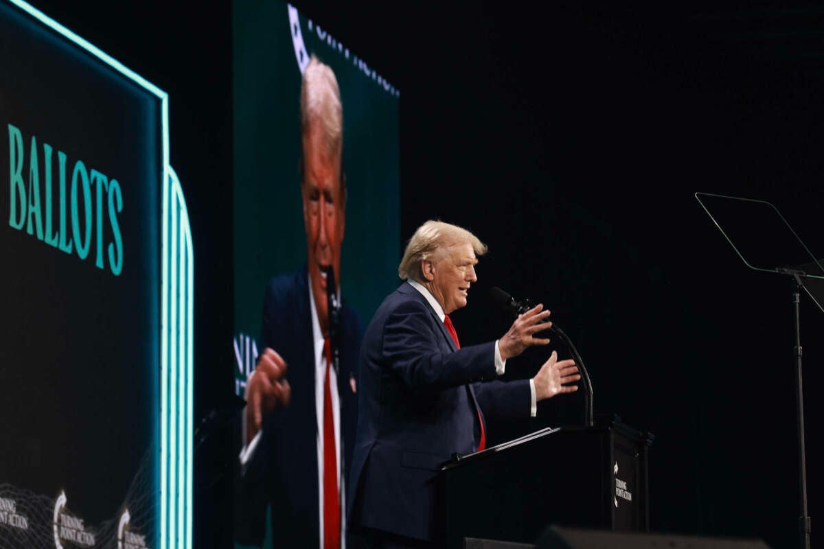 Former President Donald Trump speaks during a Turning Point USA Believers Summit conference at the Palm Beach Convention Center on July 26, 2024, in West Palm Beach, Florida.