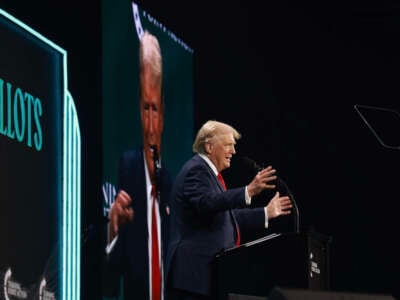 Former President Donald Trump speaks during a Turning Point USA Believers Summit conference at the Palm Beach Convention Center on July 26, 2024, in West Palm Beach, Florida.
