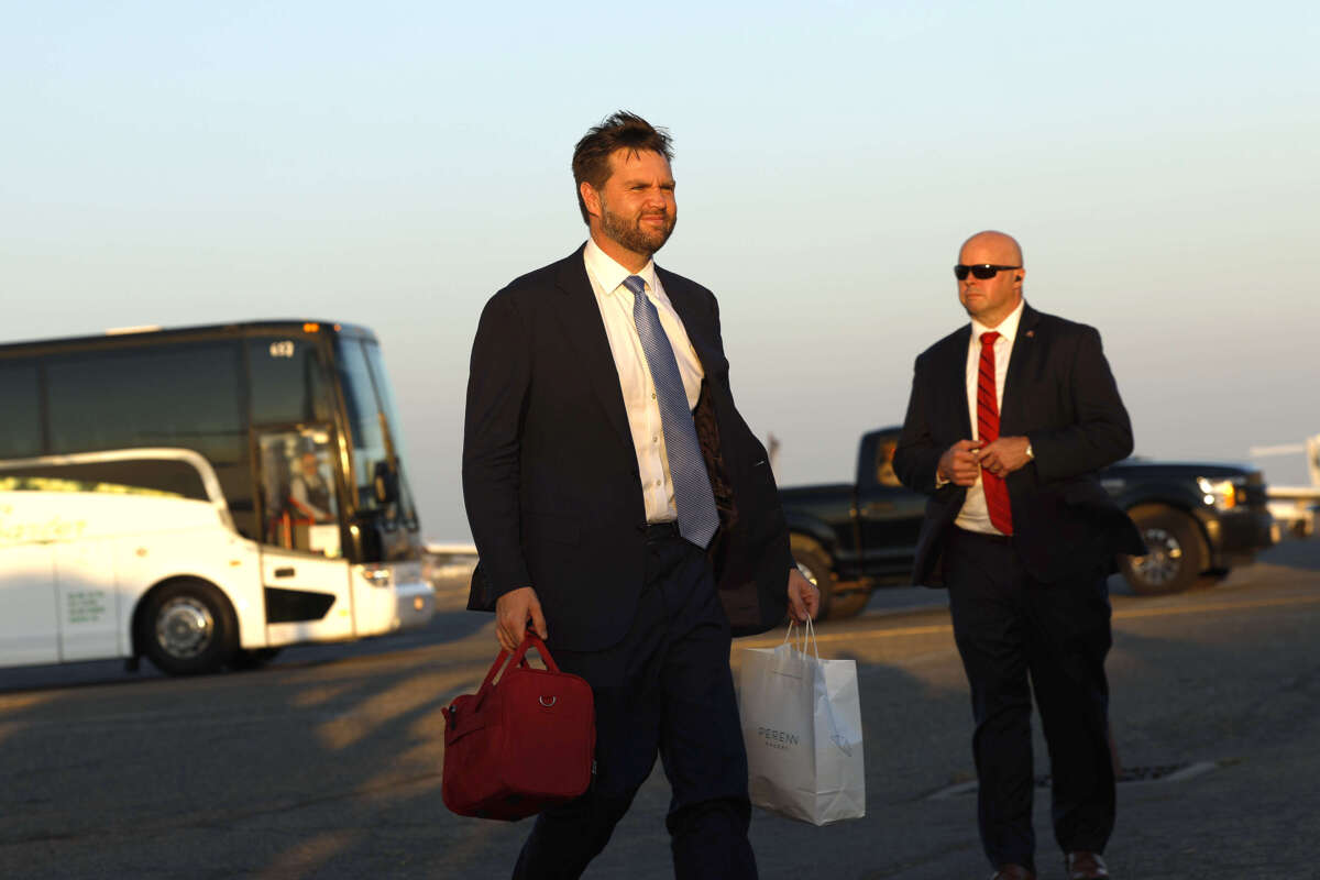 Republican vice presidential nominee Sen. JD Vance arrives on 'Trump Force 2' at Fresno Yosemite International Airport on July 30, 2024, in Fresno, California.