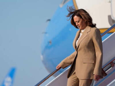 Vice President and Democratic presidential candidate Kamala Harris returns to Joint Base Andrews in Maryland after attending a campaign fundraising event in Massachusetts on July 27, 2024.