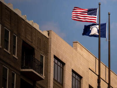 The Heritage Foundation flag flies over the building on July 30, 2024, in Washington, D.C.