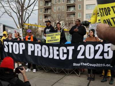 A “Stop Project 2025” rally across from The Heritage Foundation at Triangle Park in Washington, D.C., on January 27, 2024.