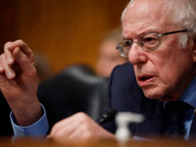 Senate Health, Education, Labor, and Pensions Committee Chairman Bernie Sanders questions witnesses during a hearing about working hours in the Dirksen Senate Office Building on Capitol Hill, on March 14, 2024, in Washington, D.C.