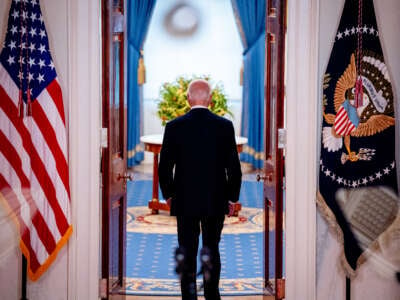 U.S. President Joe Biden departs after speaking to the media following the Supreme Court's ruling on charges against former President Donald Trump that he sought to subvert the 2020 election, on July 1, 2024, in Washington, D.C.