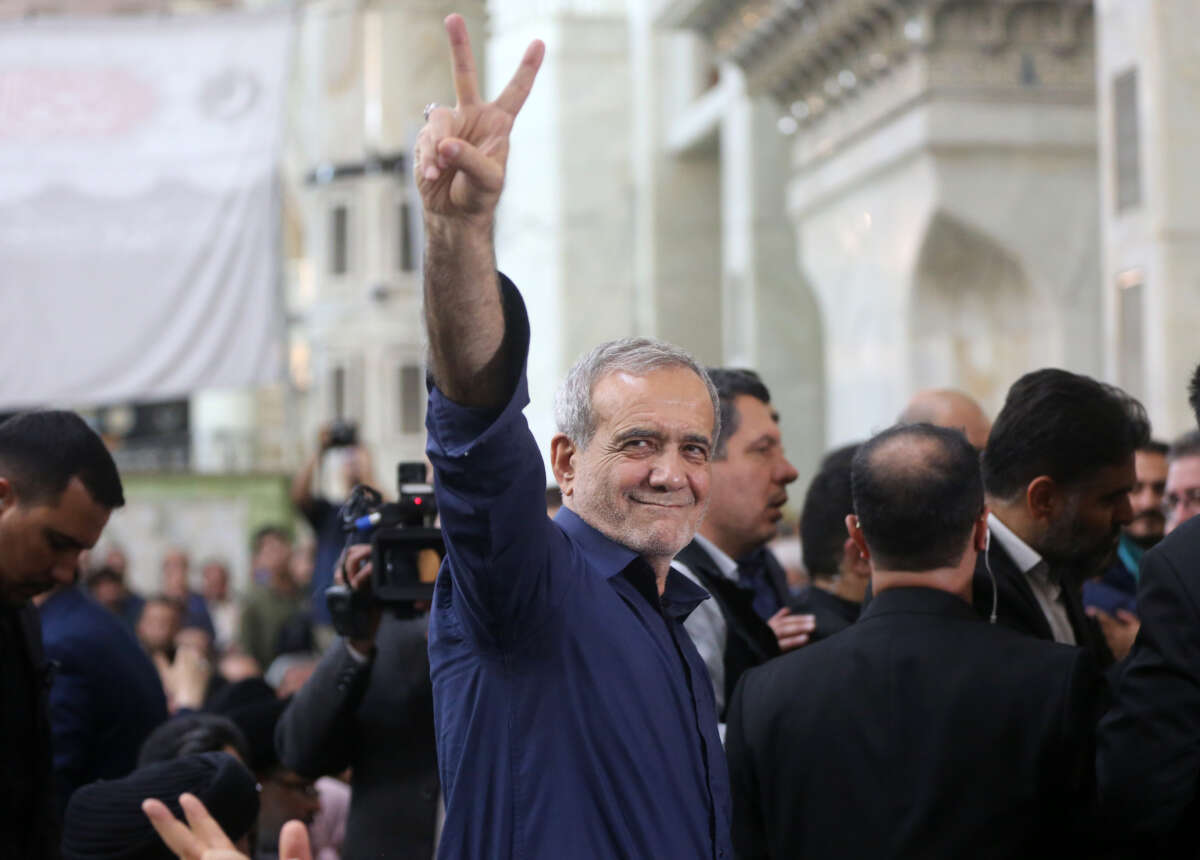 Newly-elected Iranian President Masoud Pezeshkian visits to the shrine of the Islamic Republic's founder Ayatollah Ruhollah Khomeini in Tehran, Iran, on July 6, 2024.