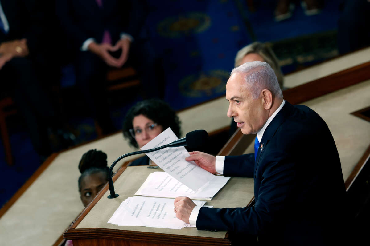 Israeli Prime Minister Benjamin Netanyahu addresses a joint meeting of Congress in the chamber of the House of Representatives at the U.S. Capitol on July 24, 2024, in Washington, D.C.