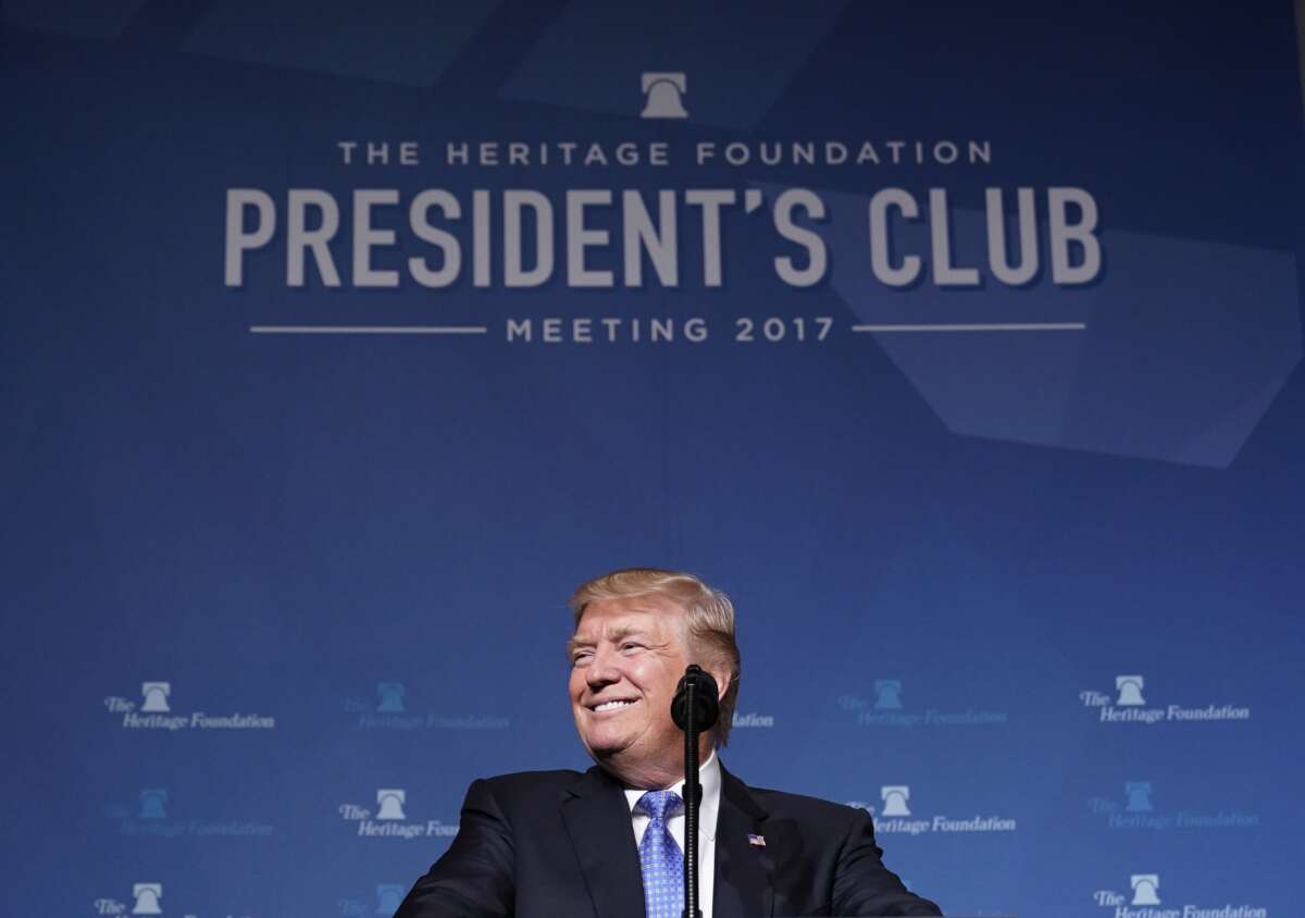 President Donald Trump smiles while delivering a speech on tax reform at the Heritage Foundation's President's Club Meeting at a hotel in Washington, D.C., on October 17, 2017.