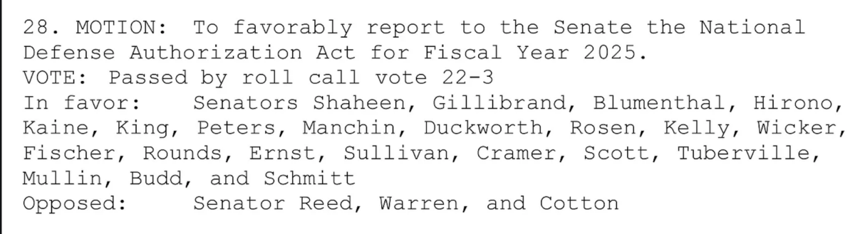 Votes to favorably report the NDAA, including anti-trans riders, out of committee.