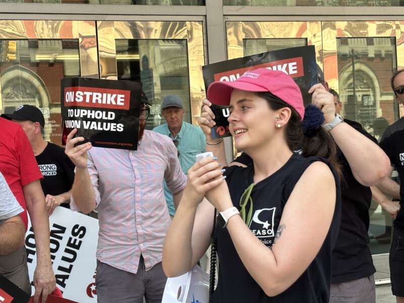 Kate Hilts addresses picketing NEASO members outside the Philadelphia Convention Center, July 6, 2024.