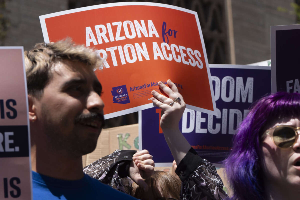 Arizona for Abortion Access, the ballot initiative to enshrine abortion rights in the Arizona State Constitution, holds a press conference and protest condemning Arizona House Republicans and the 1864 abortion ban during a recess from a legislative session at the Arizona House of Representatives on April 17, 2024, in Phoenix, Arizona.