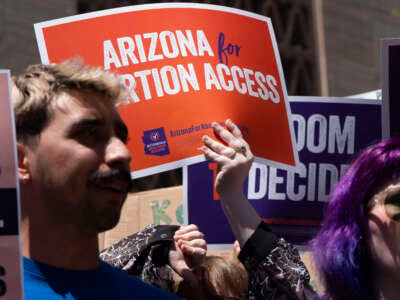 Arizona for Abortion Access, the ballot initiative to enshrine abortion rights in the Arizona State Constitution, holds a press conference and protest condemning Arizona House Republicans and the 1864 abortion ban during a recess from a legislative session at the Arizona House of Representatives on April 17, 2024, in Phoenix, Arizona.