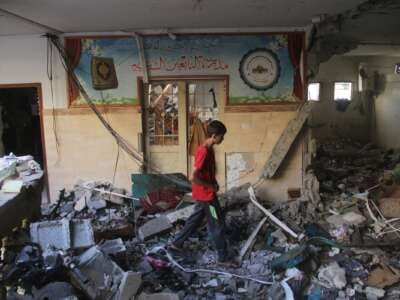 Palestinians inspect the destruction following the Israeli attack on the al-Tabin school, where displaced people took shelter, in al-Daraj neighborhood of Gaza City, Gaza on August 10, 2024.