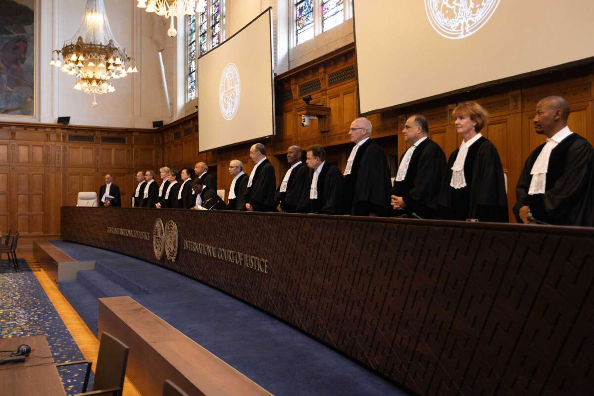 Judges attend a public session of the International Court of Justice at the Peace Palace in The Hague, the Netherlands, on July 19, 2024.