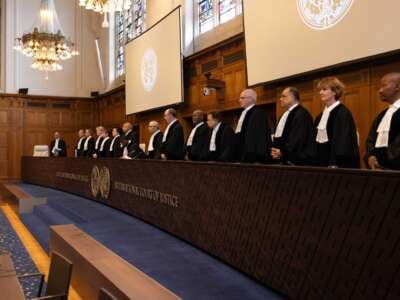 Judges attend a public session of the International Court of Justice at the Peace Palace in The Hague, the Netherlands, on July 19, 2024.