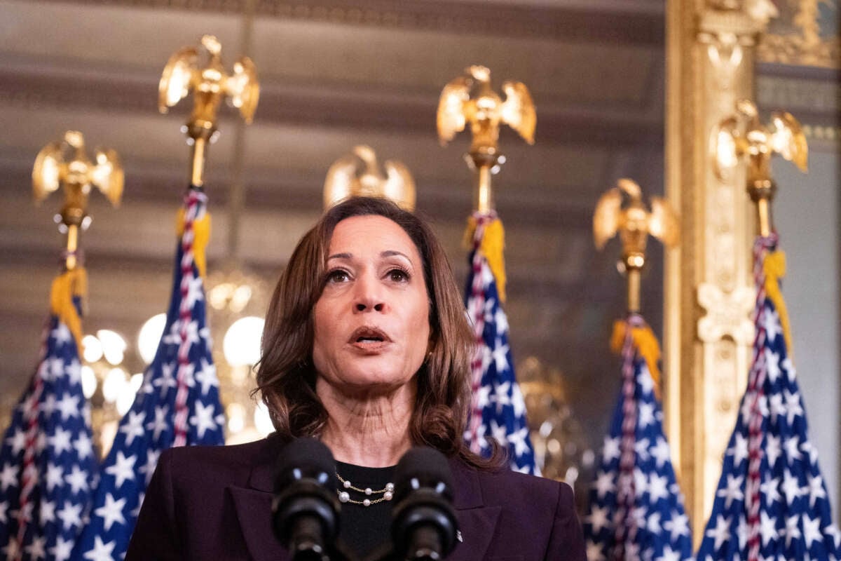 Vice President Kamala Harris speaks to the press after meeting with Israeli Prime Minister Benjamin Netanyahu in the vice president's ceremonial office at the Eisenhower Executive Office Building in Washington, D.C., on July 25, 2024.