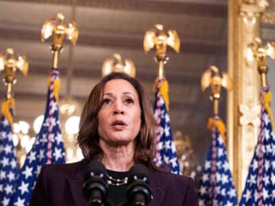 Vice President Kamala Harris speaks to the press after meeting with Israeli Prime Minister Benjamin Netanyahu in the vice president's ceremonial office at the Eisenhower Executive Office Building in Washington, D.C., on July 25, 2024.
